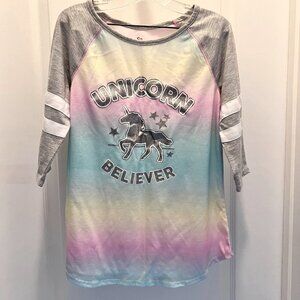 SO-Jersey 3/4 Sleeve Top-Unicorn-Sparkle/Stars-Pink/Silver Mix-Size 12 Girls-